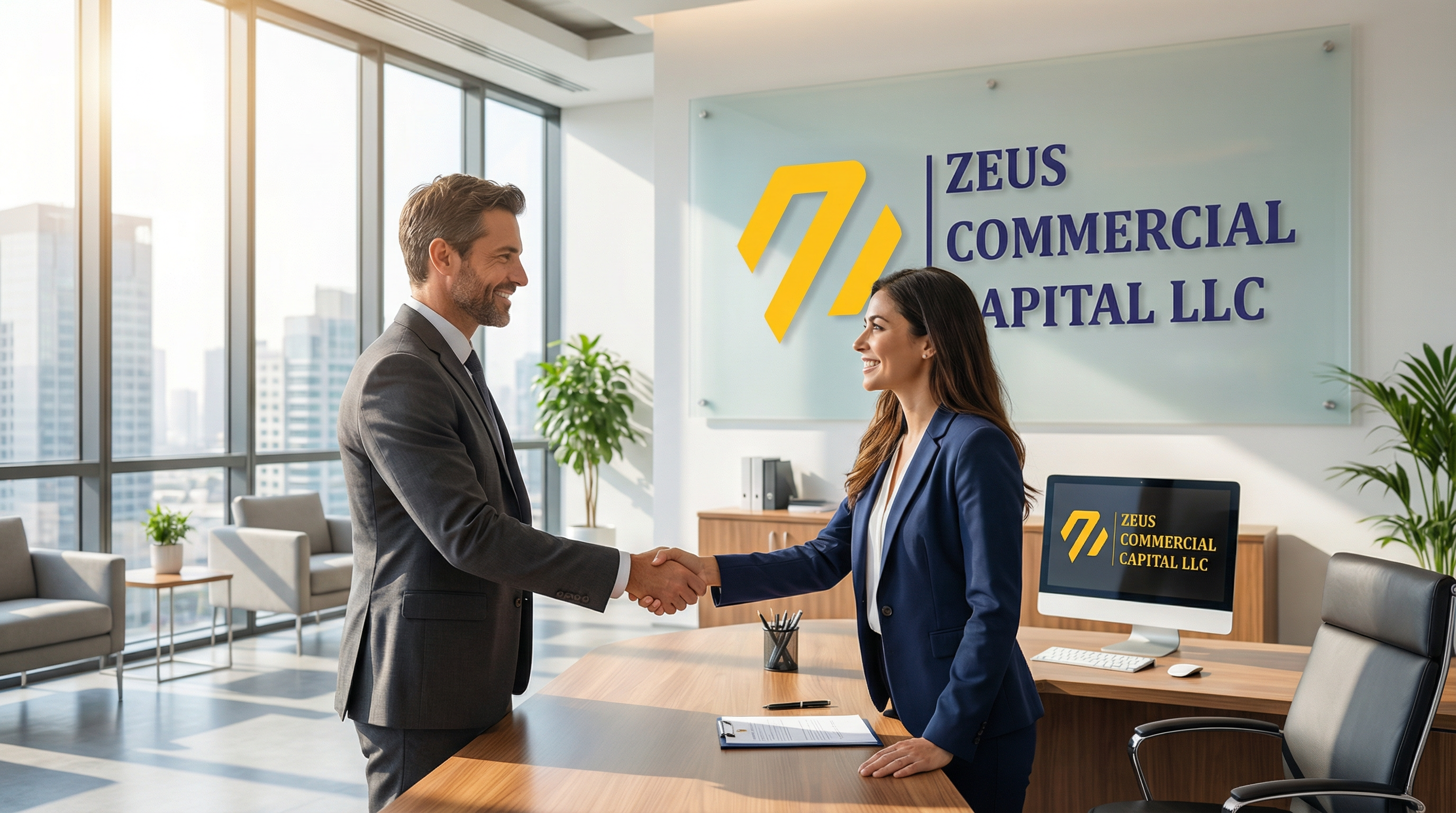 Partnership handshake at Zeus Commercial Capital office