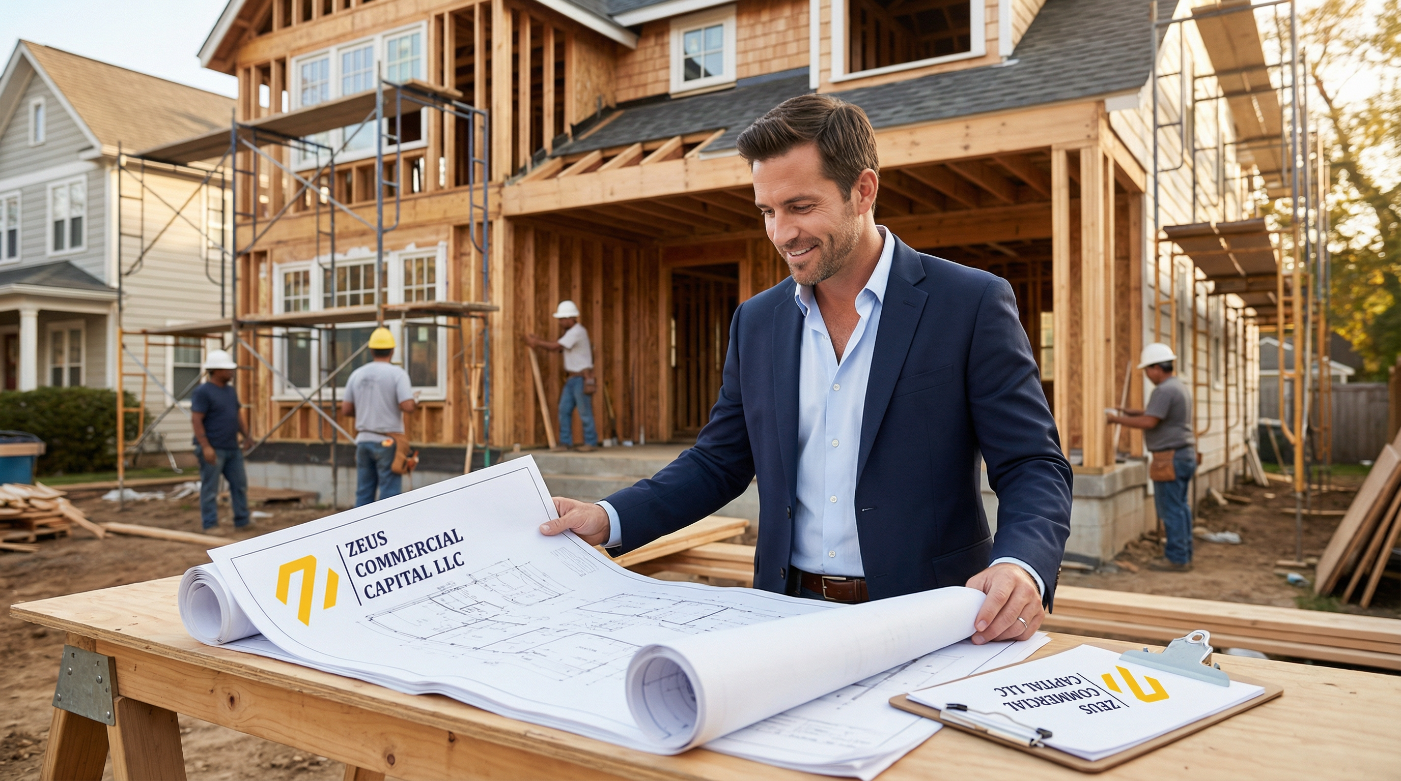 Real estate investor reviewing property plans with Zeus Commercial Capital